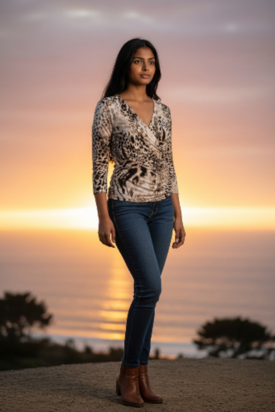 Dana Buchman Brown Leopard Print V Neck 3/4 Sleeve Sz L